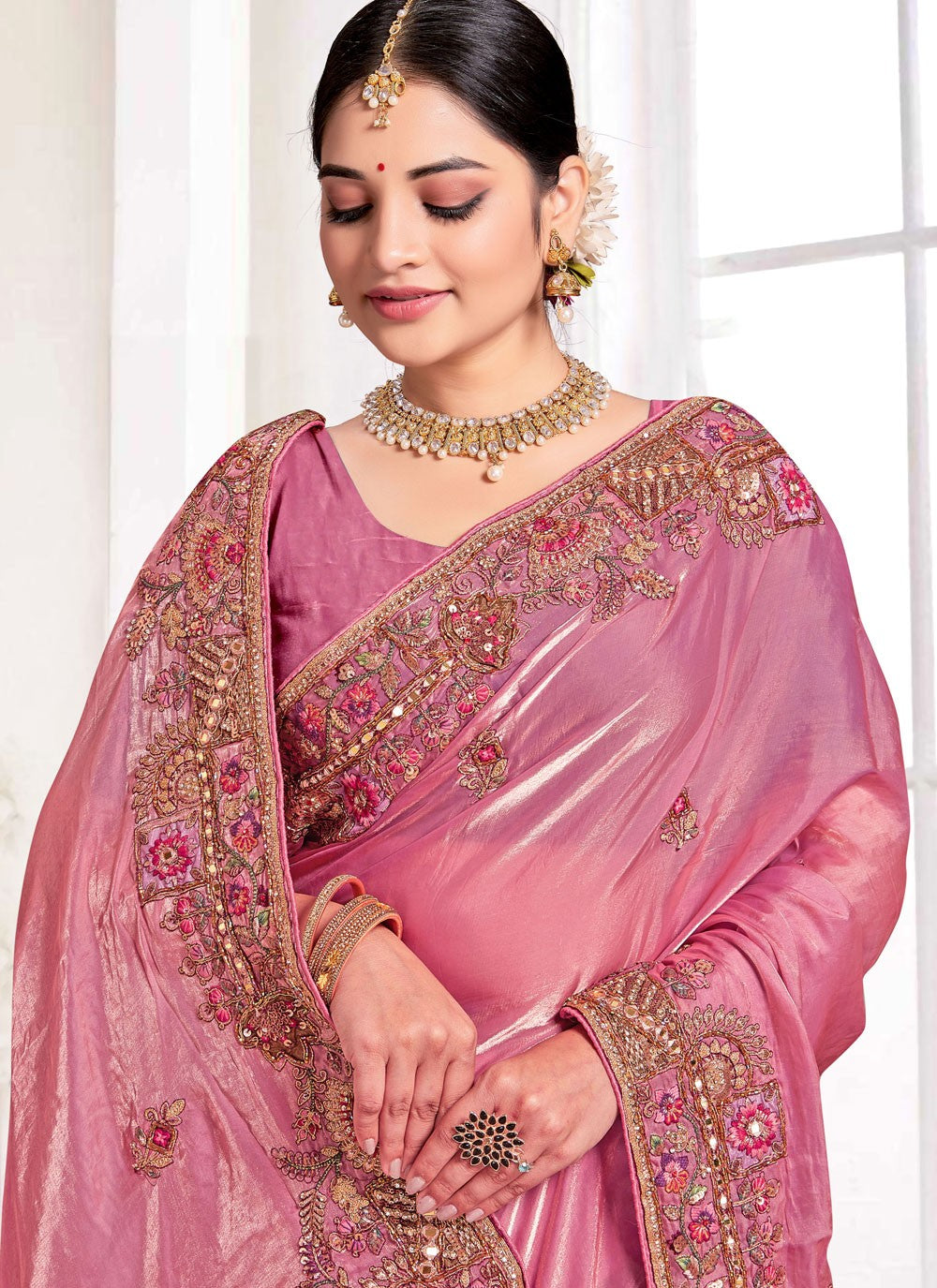 Traditional Saree Beads Hot Pink Silk Saree S13083