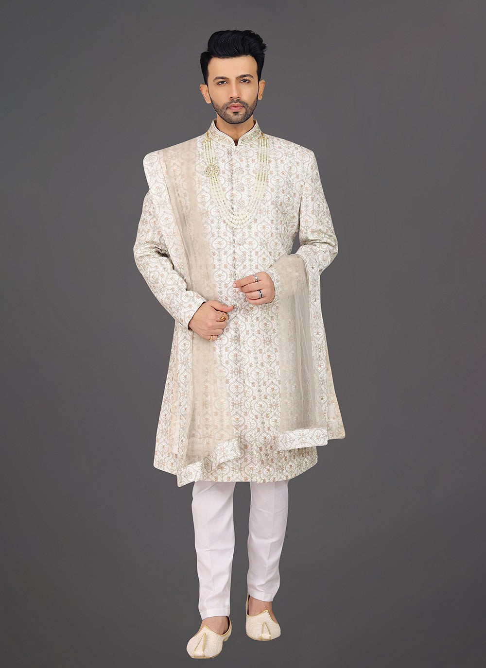 Embroidered Silk Beige, Cream Sherwani - M7992