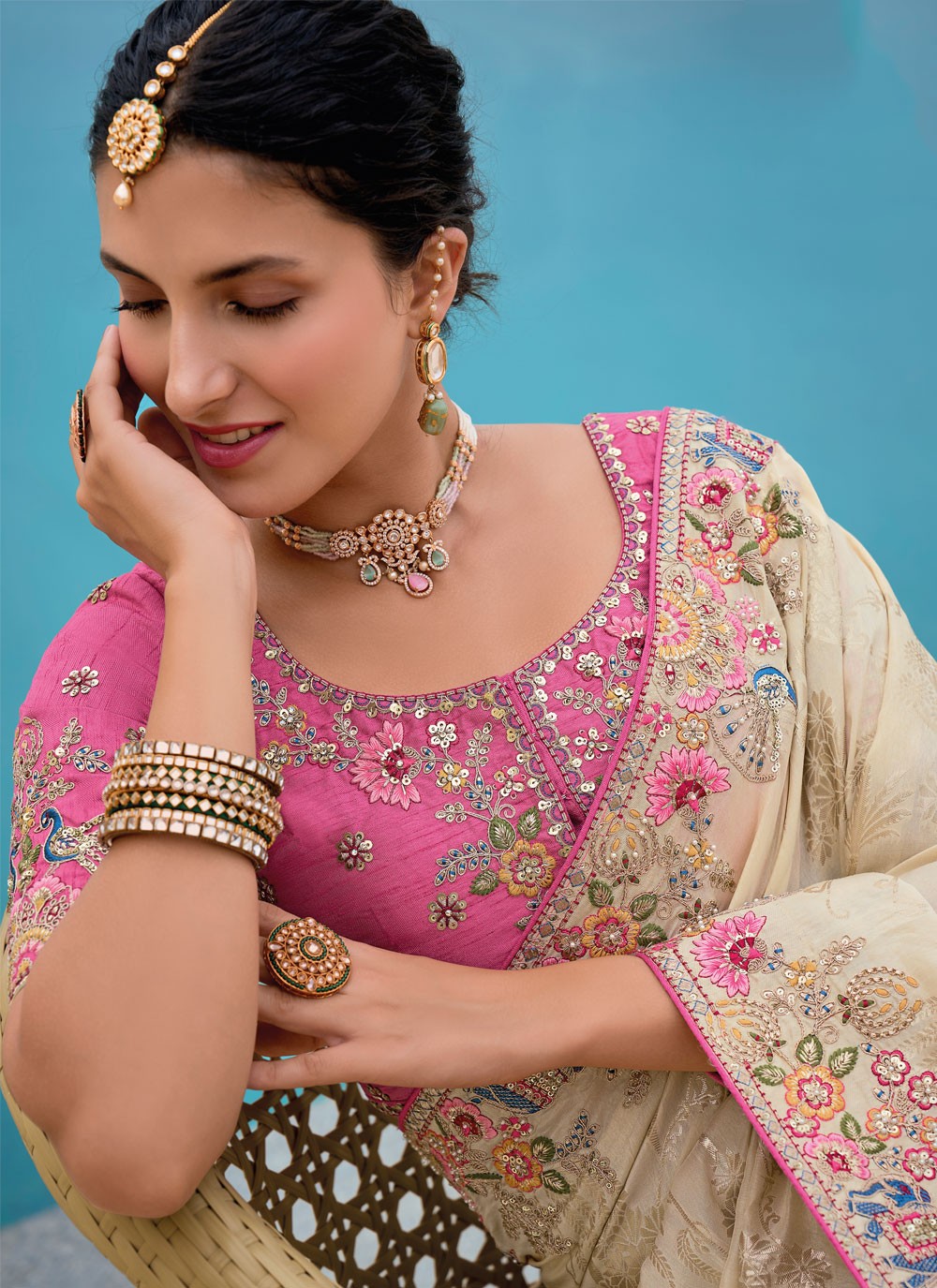 Embroidered Silk Beige Saree S14417
