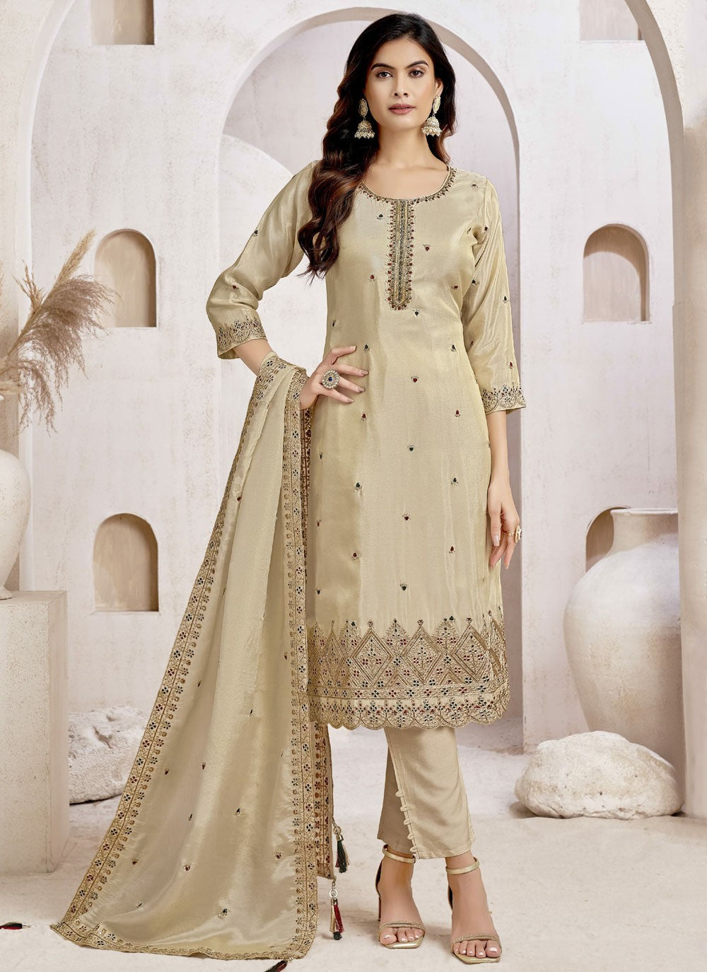 Pant Style Suit Embroidered, Zari Beige T7605