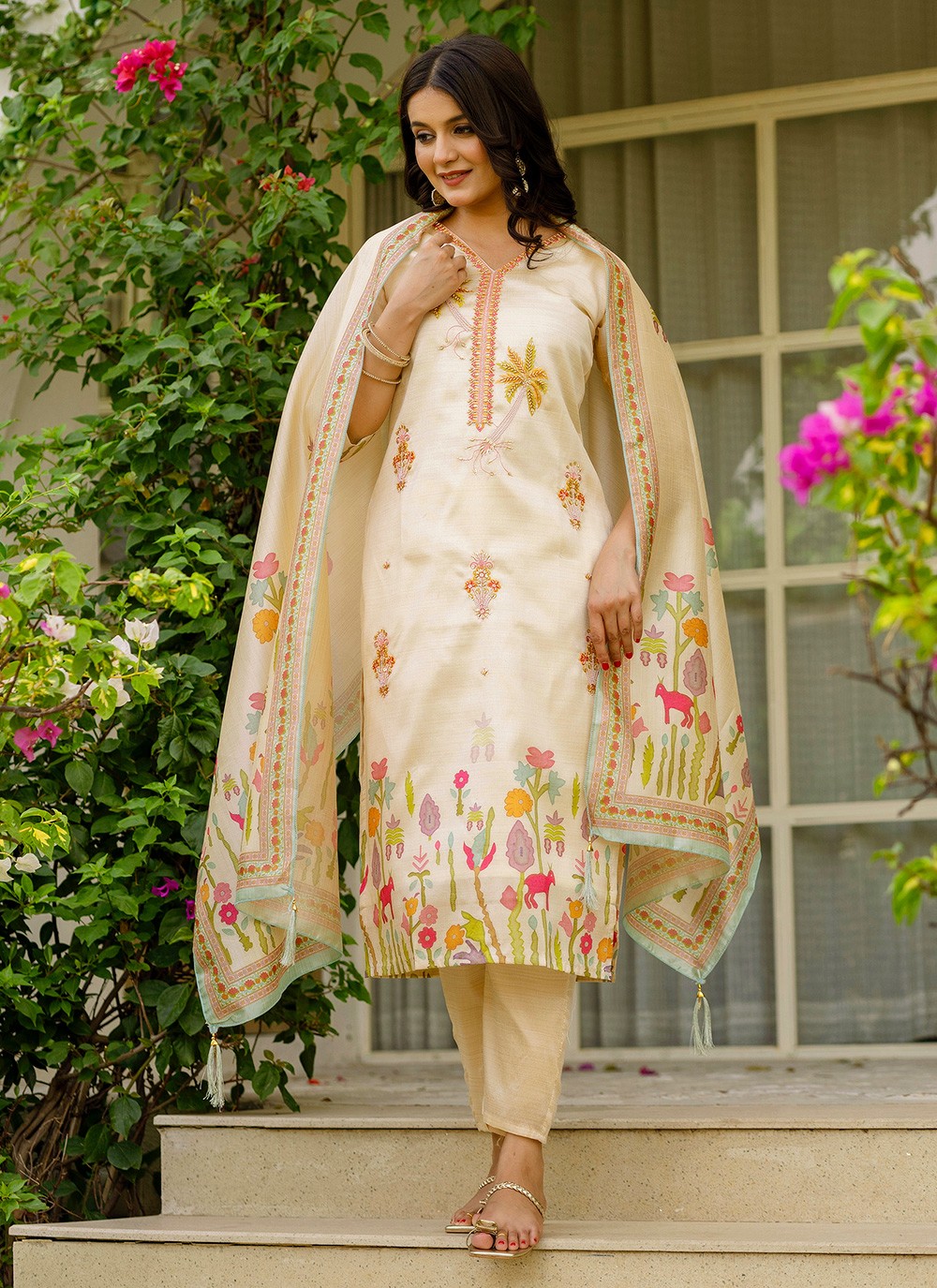 Pant Style Suit Beads, Printed Beige T7376
