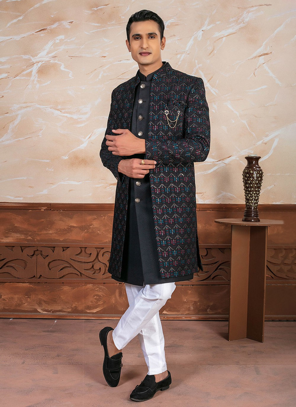 Embroidered Silk Black Sherwani - M8320