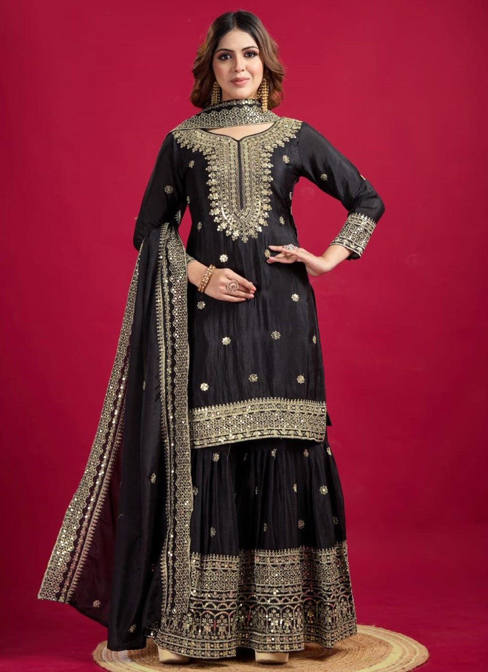 Palazzo Suit Embroidered Black Chinon T5892