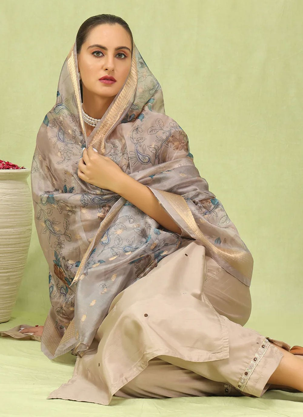 Embroidered Silk Blend Beige Pant Style Suit T6246