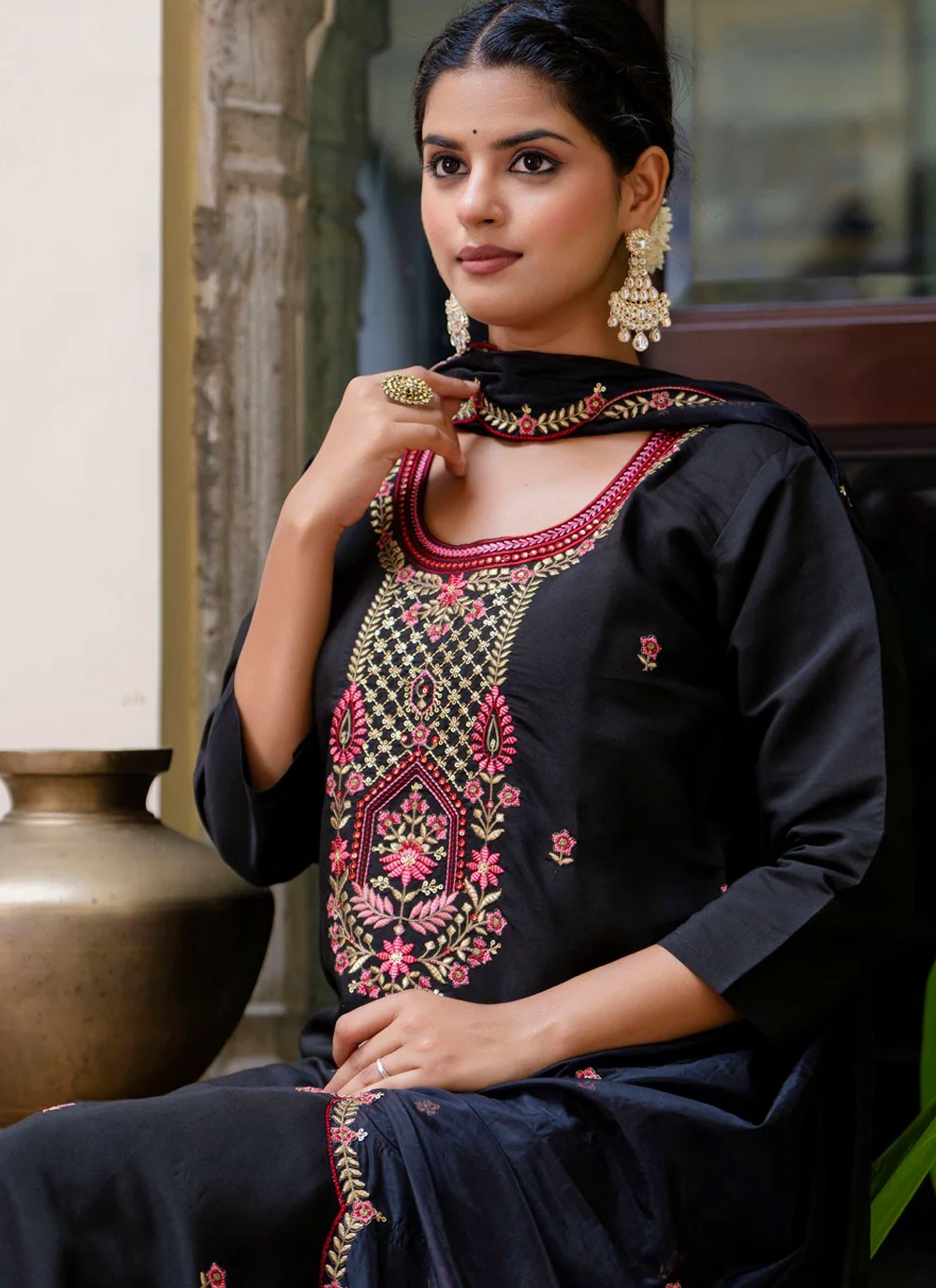 Pant Style Suit Embroidered, Sequins, Zari Black T6937