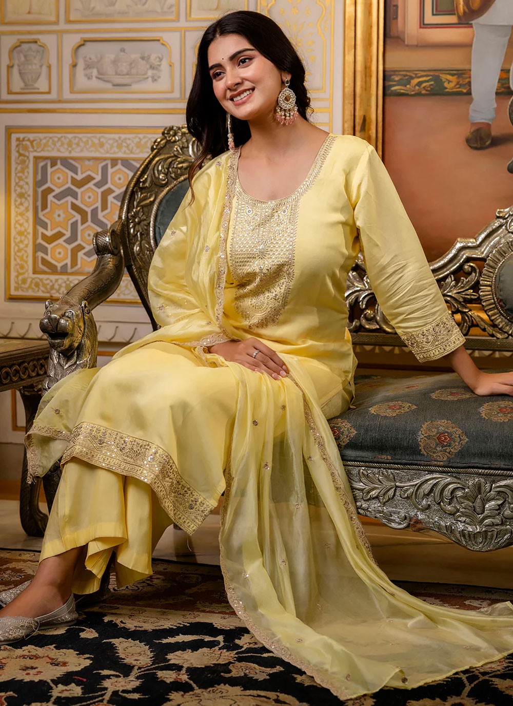 Pant Style Suit Embroidered, Sequins, Zari Yellow T6762