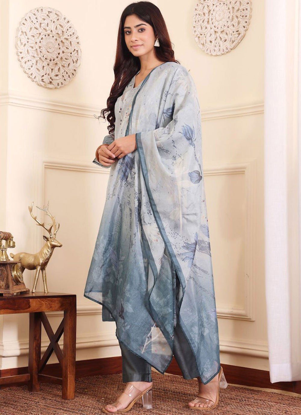 Salwar Suit Printed Grey Silk Blend T5542