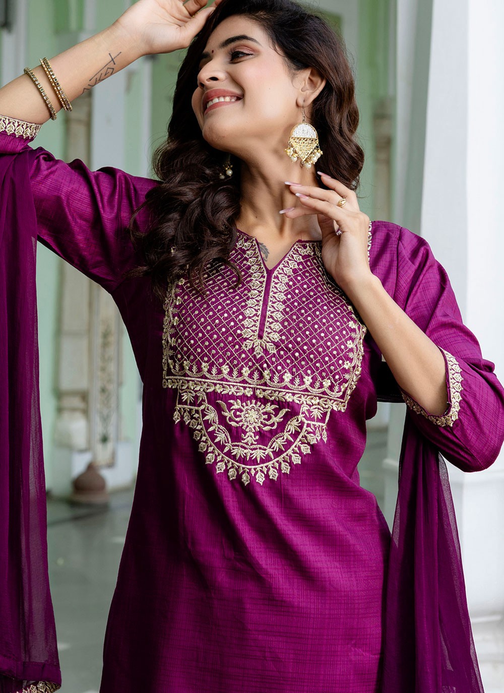Pant Style Suit Embroidered Purple T8791