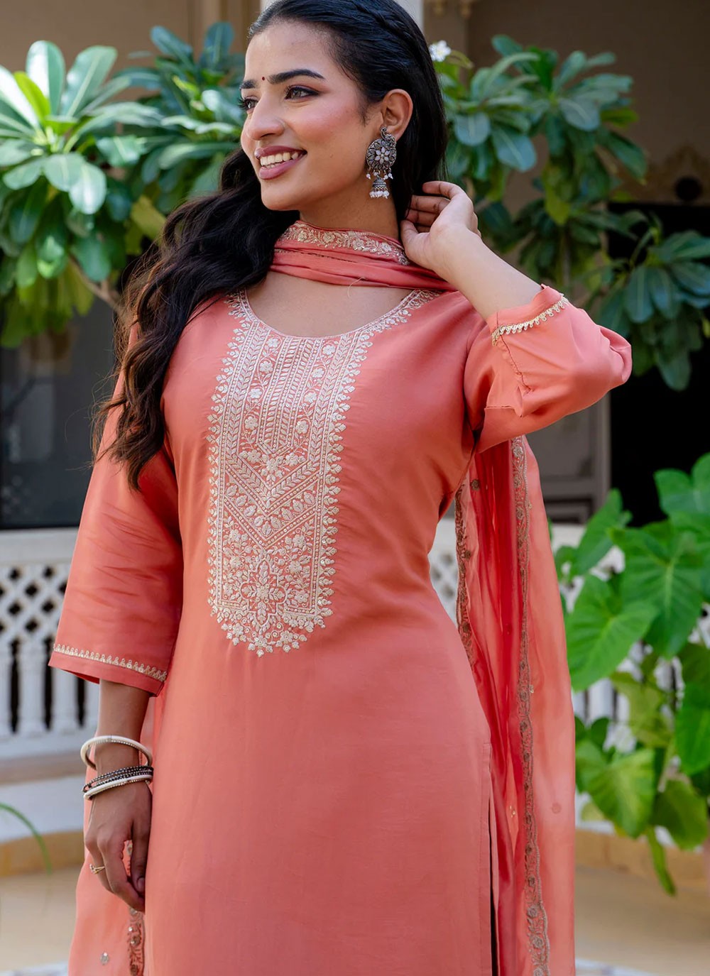 Pant Style Suit Embroidered, Sequins, Zari Peach T6760