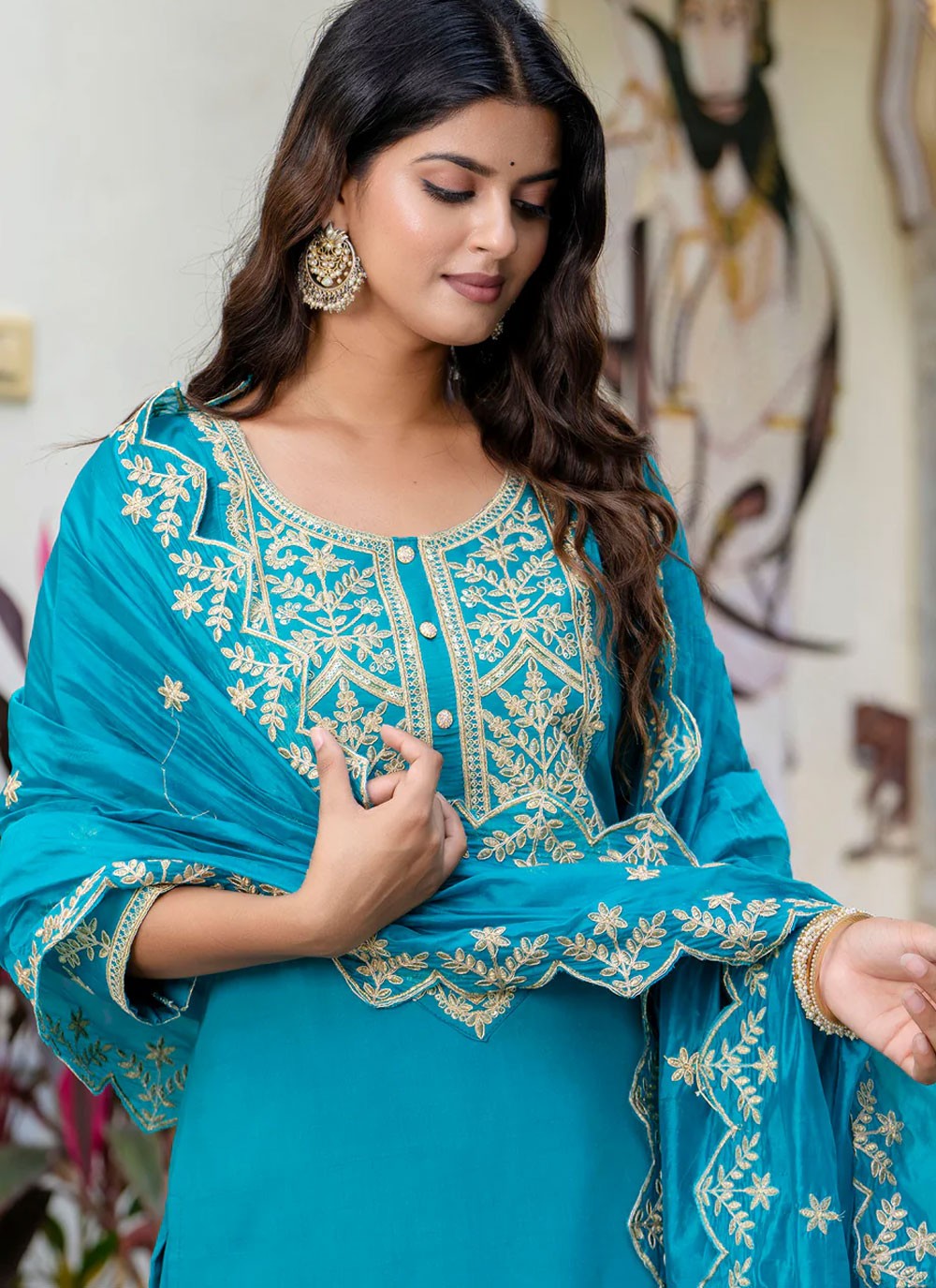 Salwar Suit Embroidered Blue Silk Blend T5862