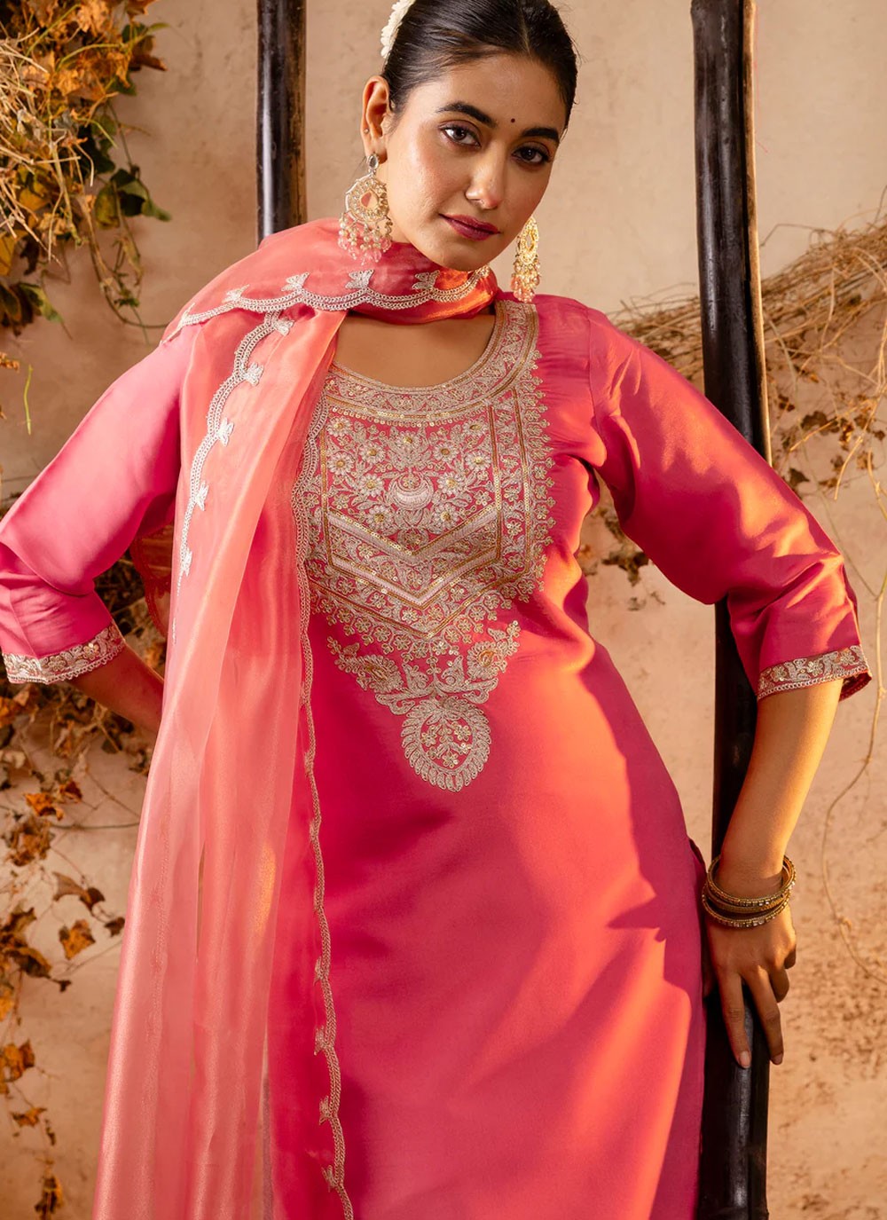 Embroidered Silk Blend Peach Salwar Suit T6077