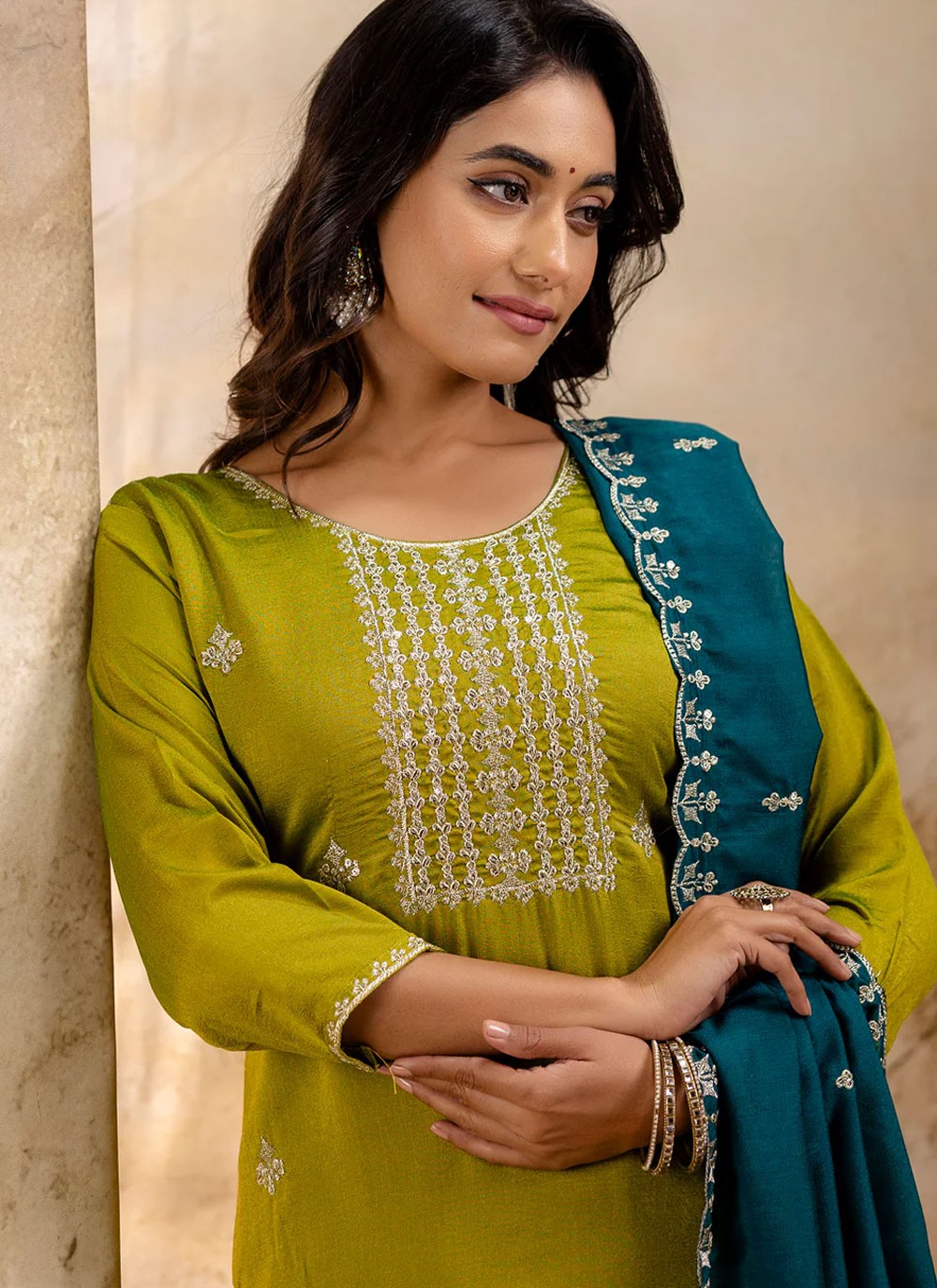 Pant Style Suit Embroidered, Zari Green T6850