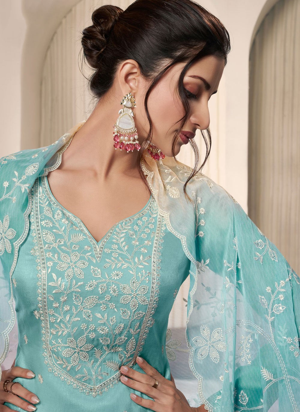 Pant Style Suit Embroidered, Thread Blue T7200