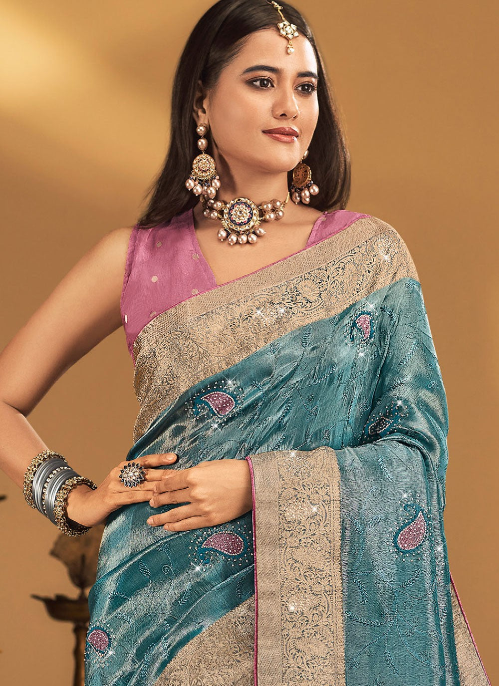 Blue Silk Designer Saree Embroidered, Fancy Work, Stones, Swarovski, Weaving Zari, Zari S19457