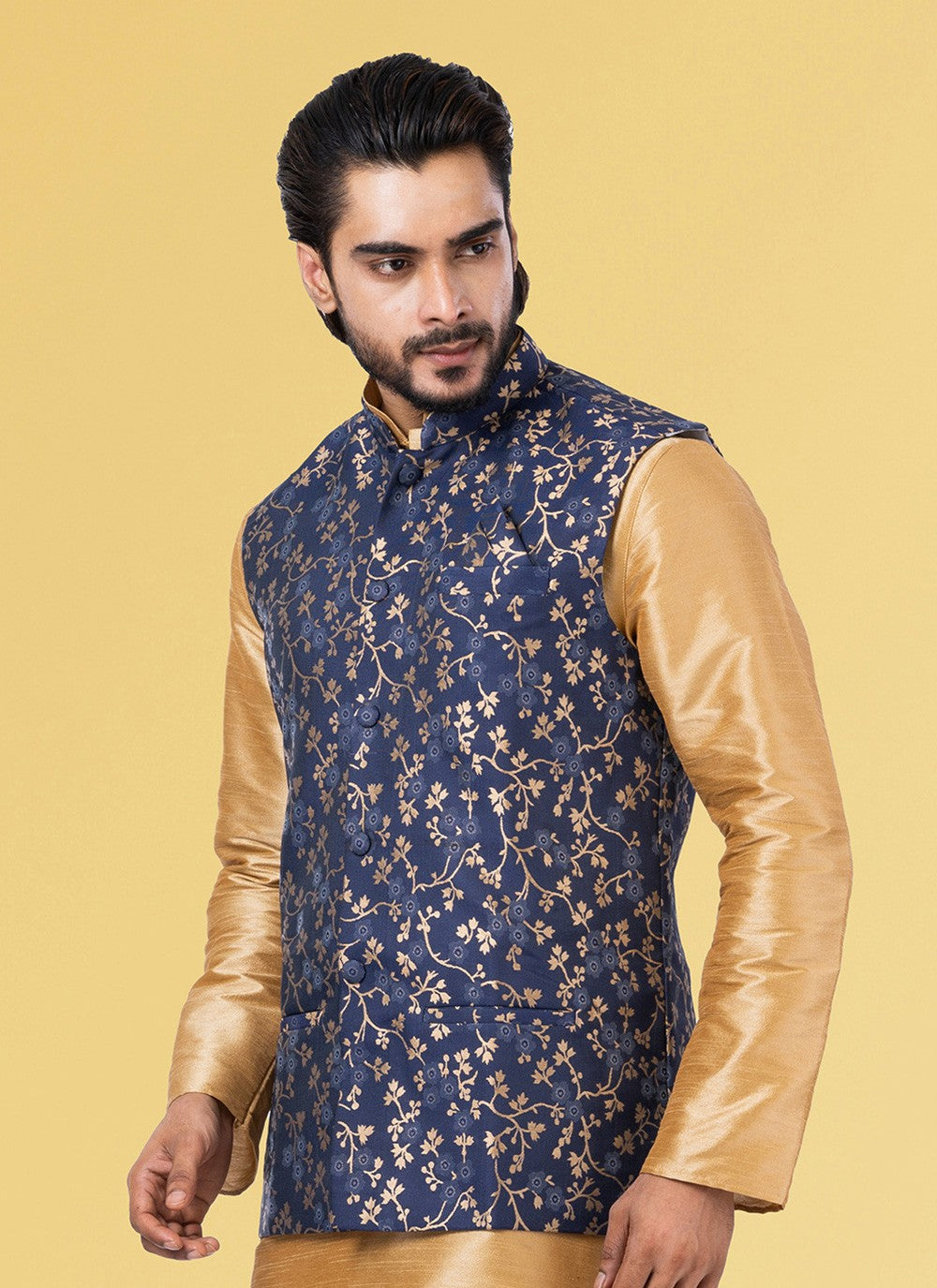 Jacquard Work Silk Blue Nehru Jackets - M7438