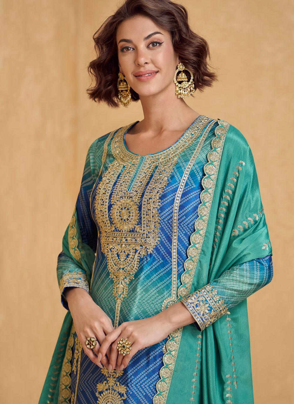 Palazzo Suit Embroidered, Printed, Sequins, Zari Blue T8227