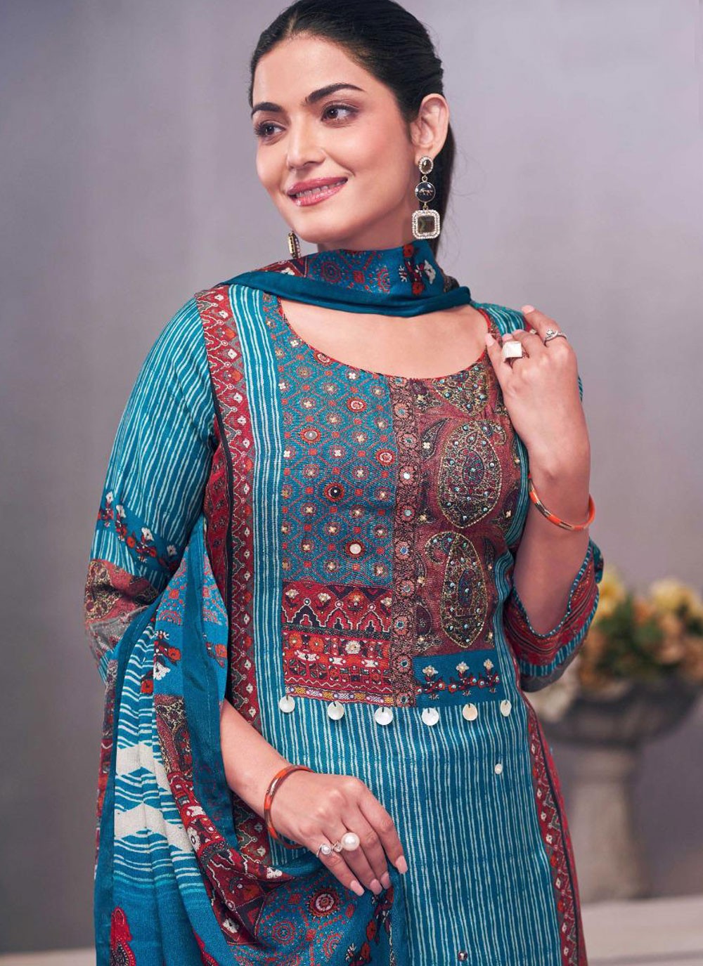 Salwar Suit Embroidered Blue Muslin T5156