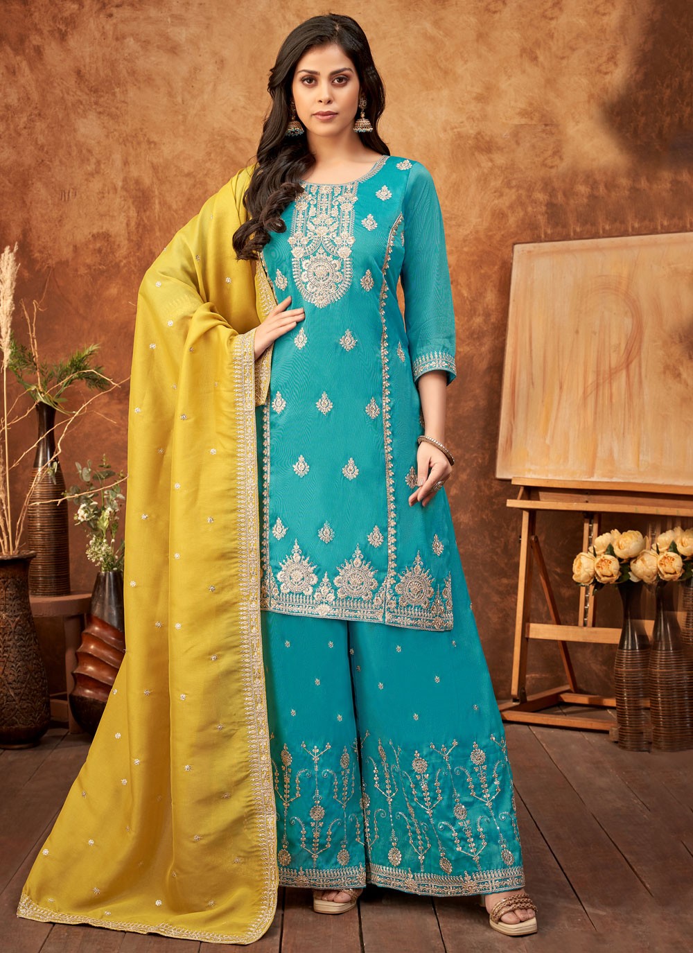 Palazzo Suit Embroidered, Zari Blue T6661