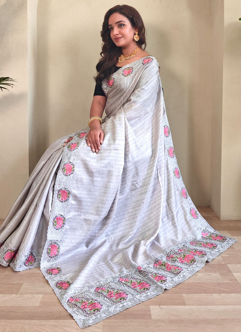 Grey Silk Contemporary Saree Border Work, Embroidered S15819
