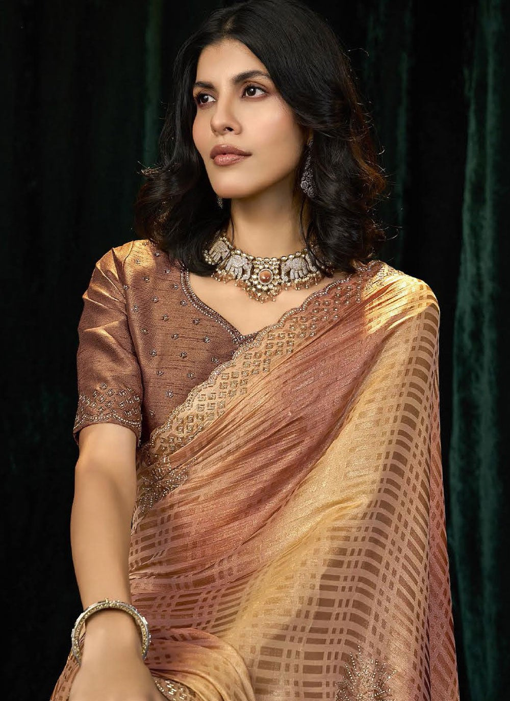Brown Silk Designer Saree Beads, Border Work, Thread S19297