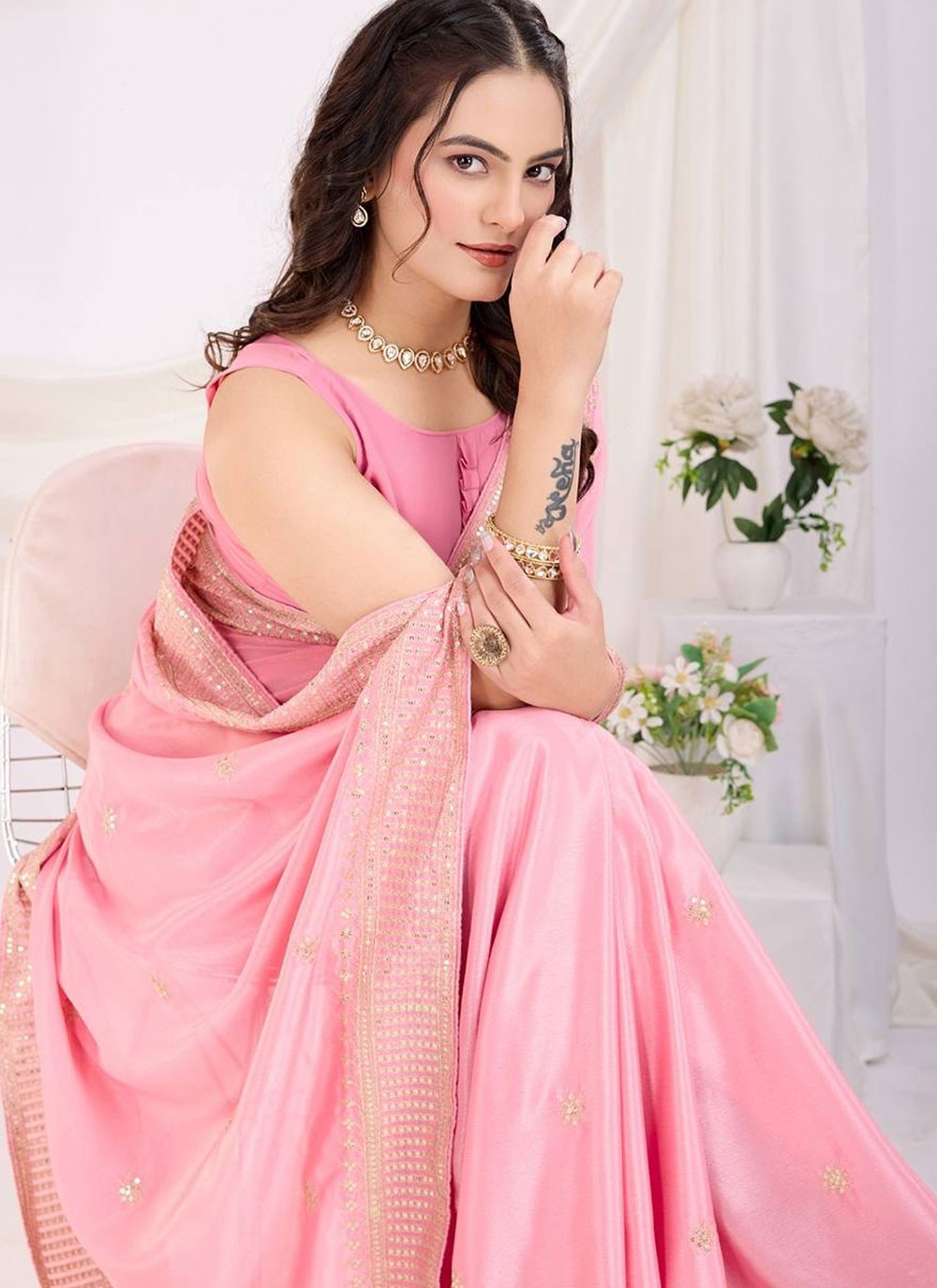 Casual Border Work Pink Silk S12963