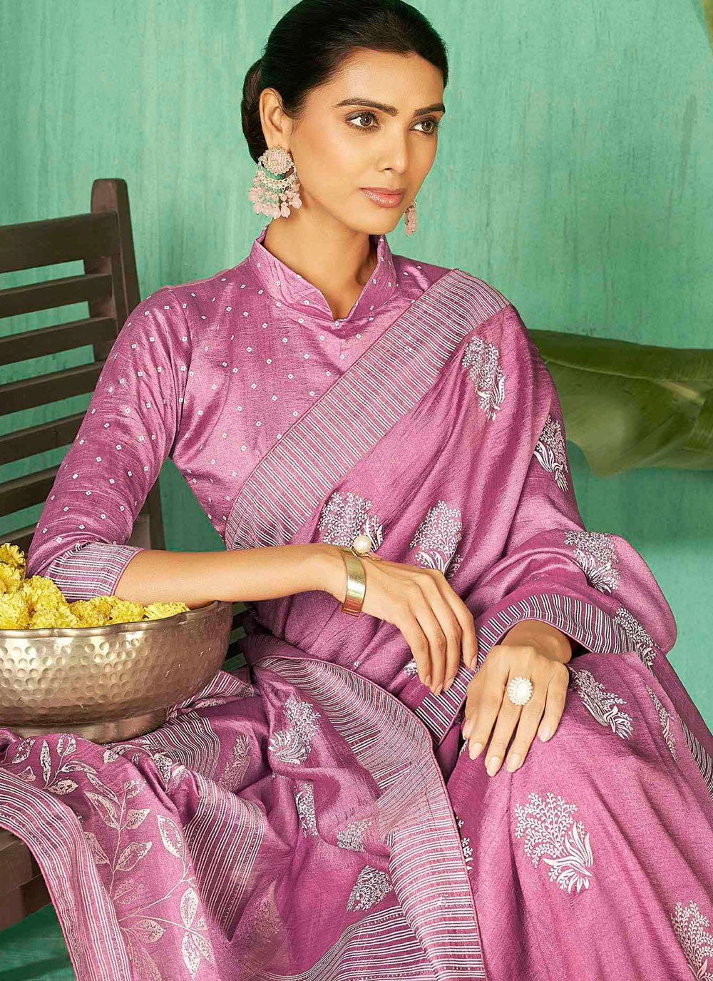Contemporary Abstract Print Pink Silk Saree S13219