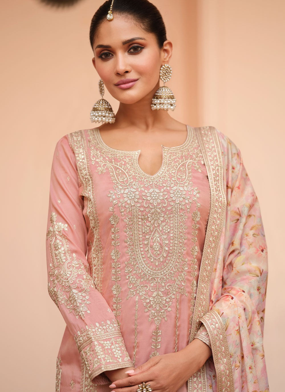 Palazzo Suit Embroidered Pink T8669