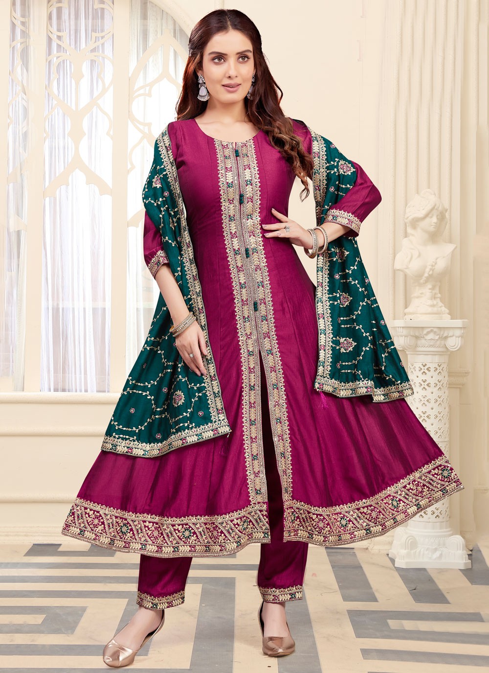 Salwar Suit Embroidered Hot Pink, Magenta Silk T5691