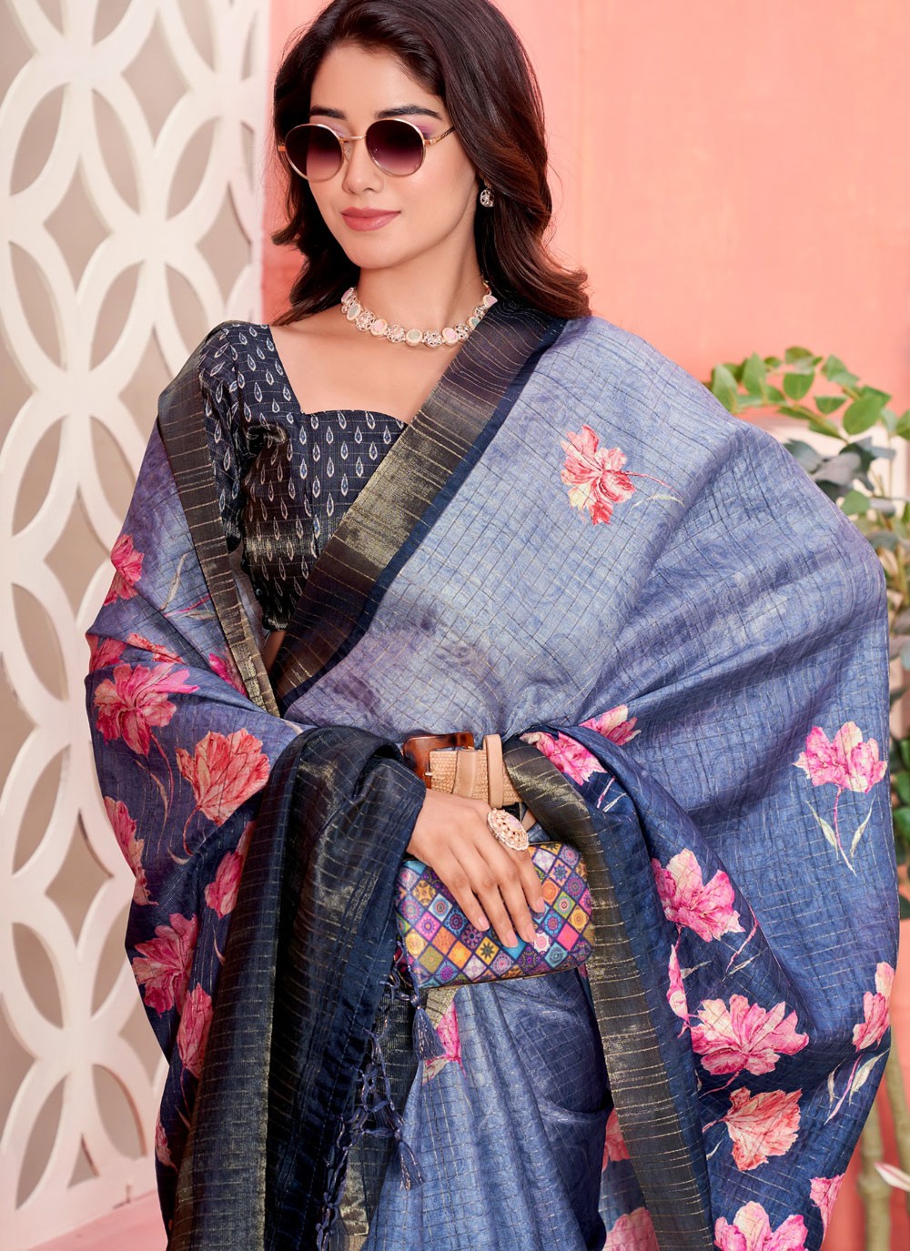 Checks Silk Black Contemporary Saree S15623