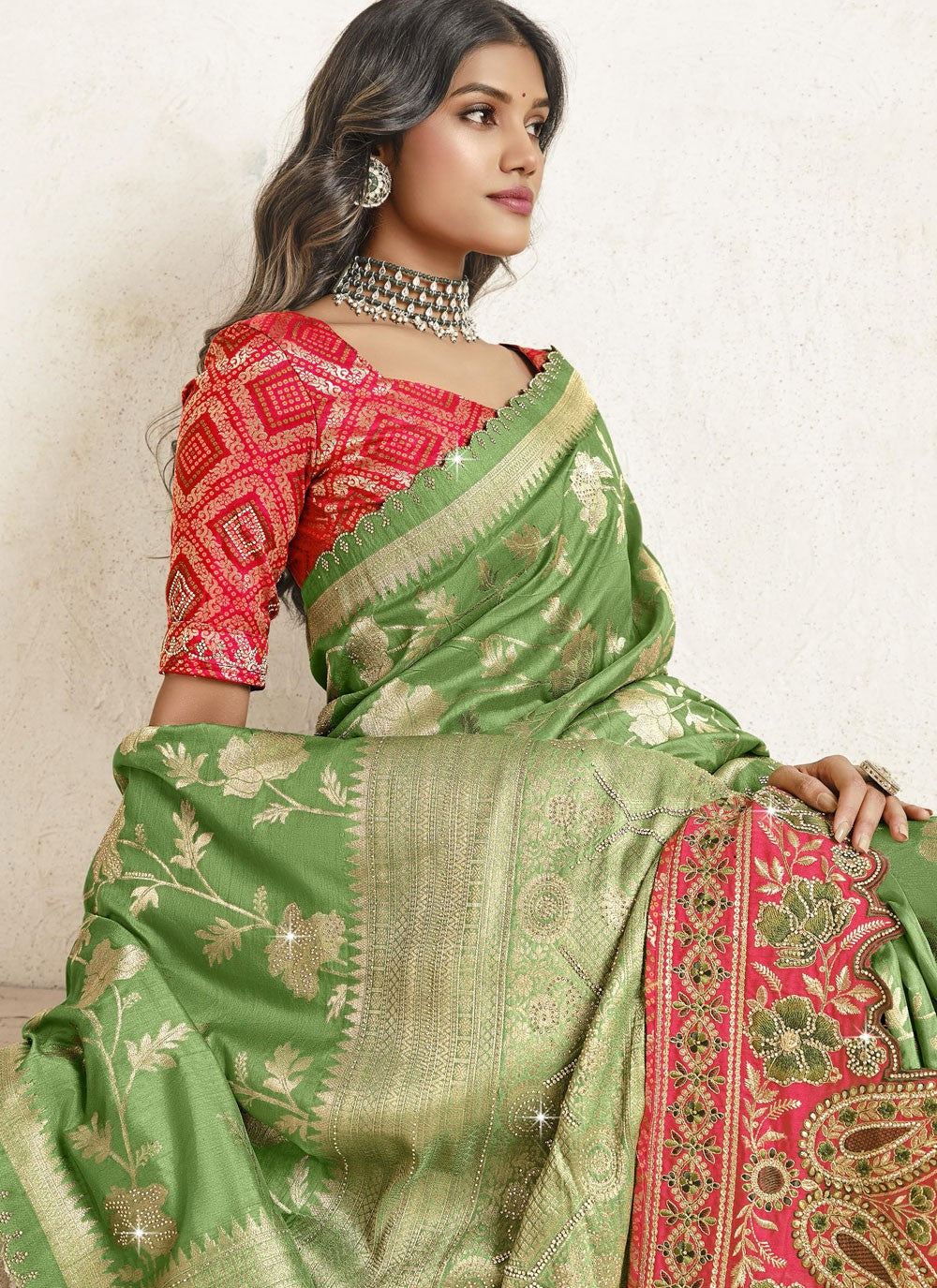 Classic Saree Embroidered Green Silk S12861