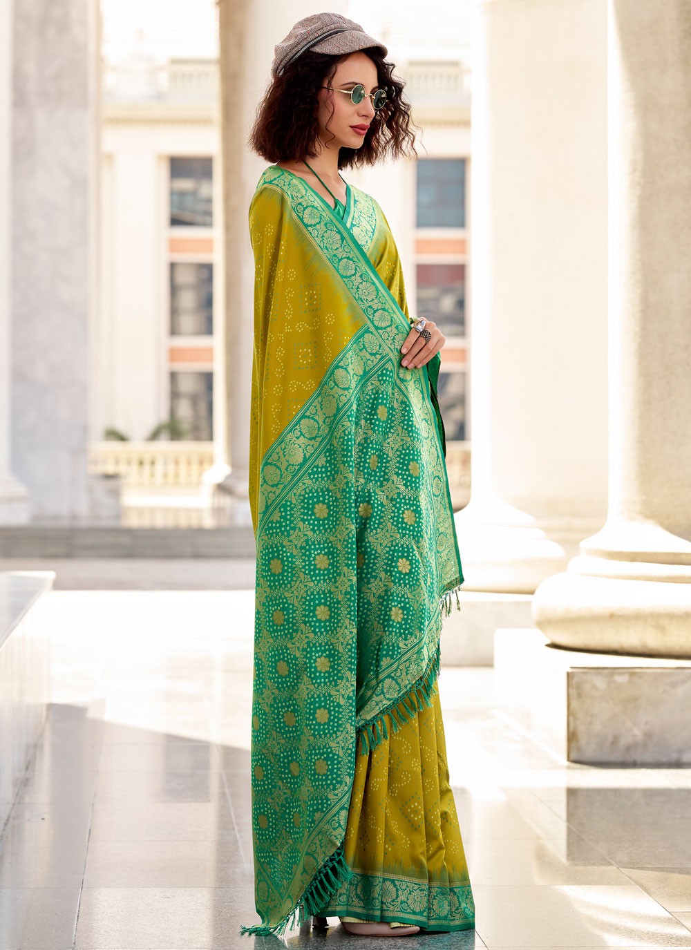 Classic Saree Foliage Prints Green, Mustard Silk Saree S13732