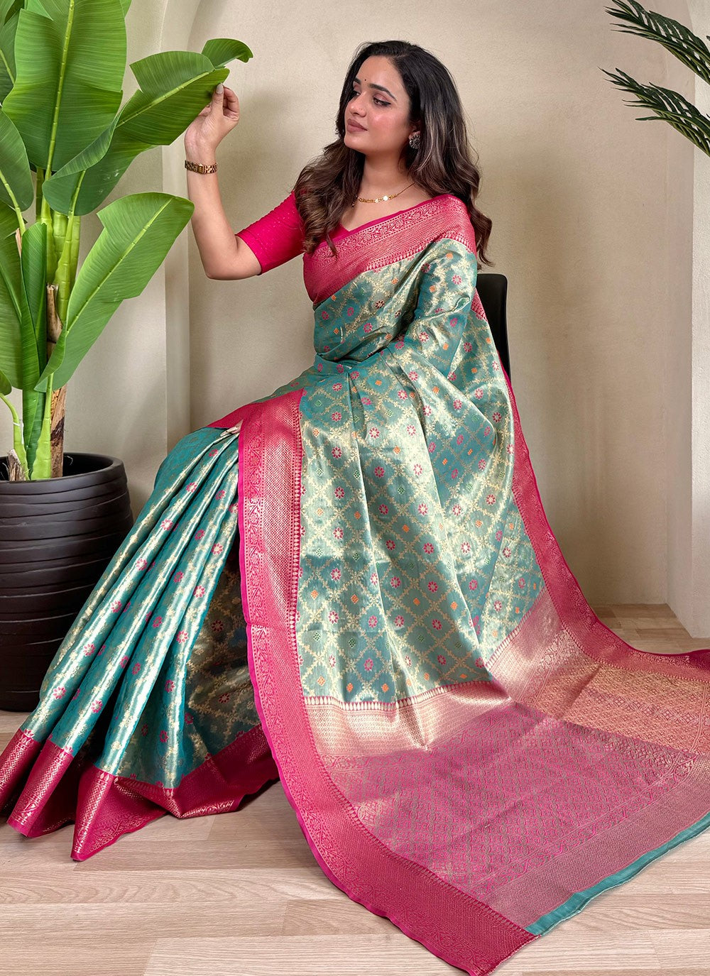 Weaving Zari Silk Turquoise Classic Saree S15242