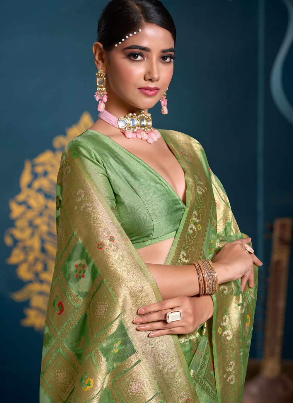 Classic Saree Multi Work Green Organza Saree S13191