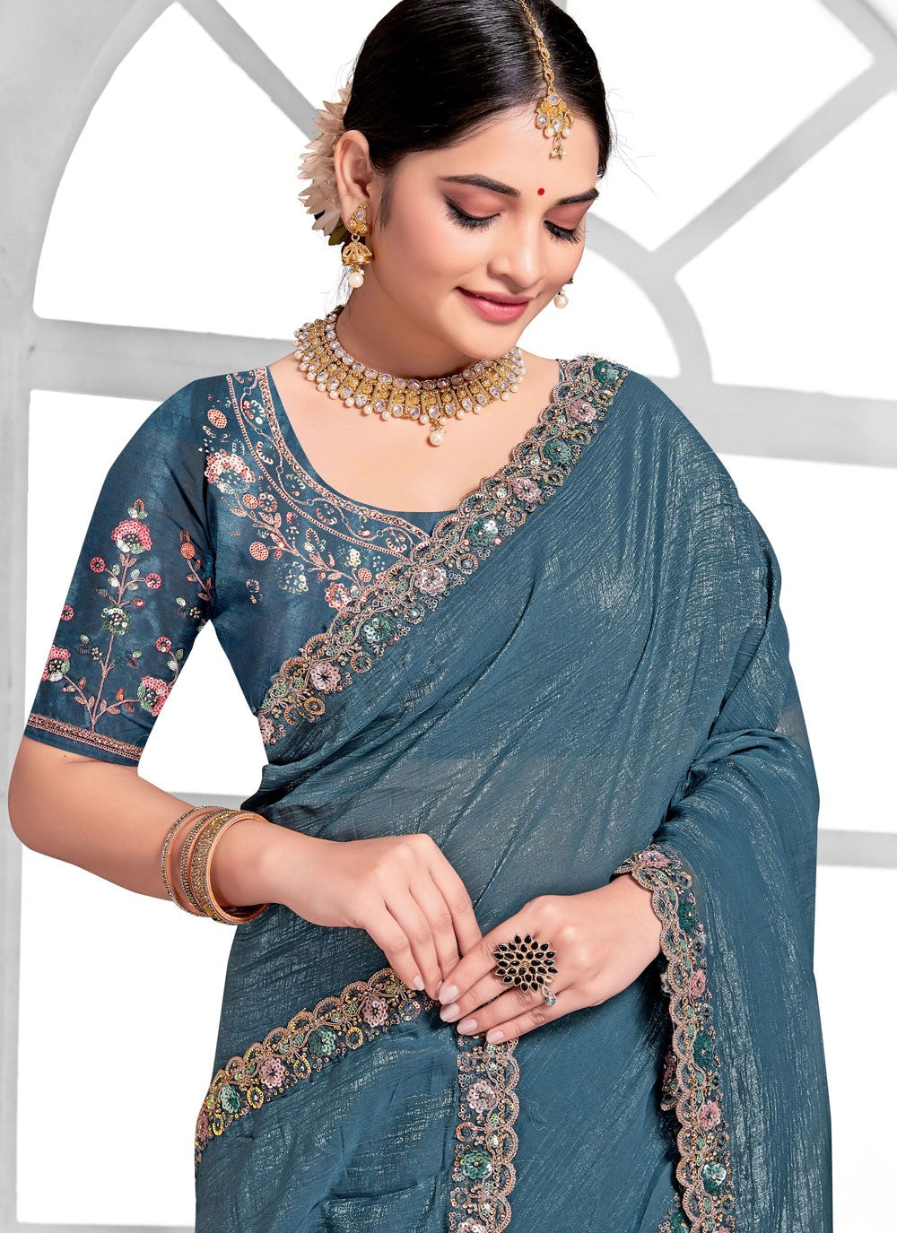 Classic Saree Contemporary Morpeach, Teal Silk Saree S13112