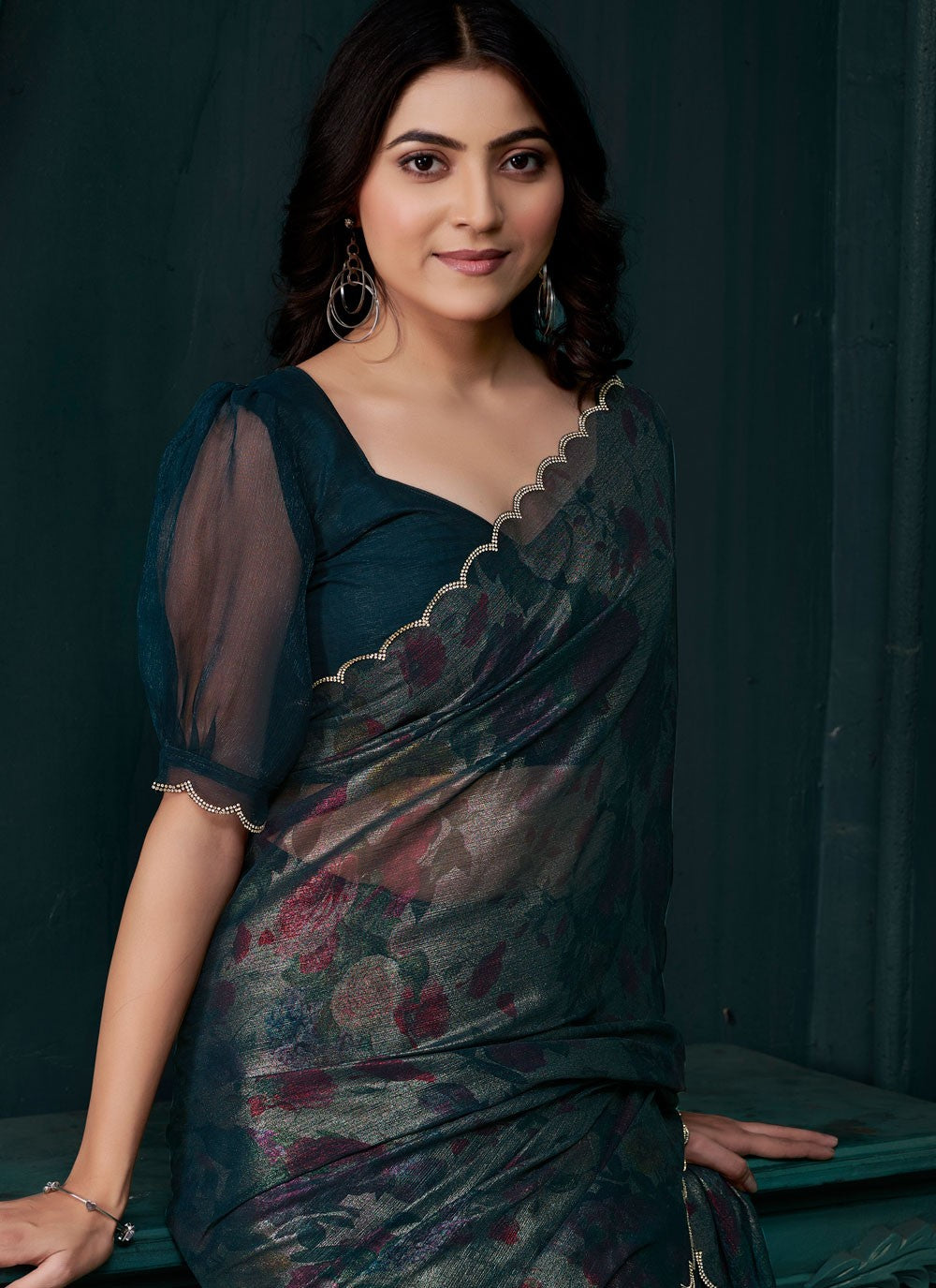 Cut Work Silk Morpeach Contemporary Saree S15131
