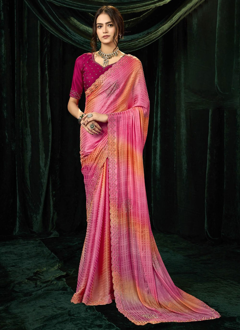 Magenta Silk Contemporary Saree Beads, Border Work, Thread S19300