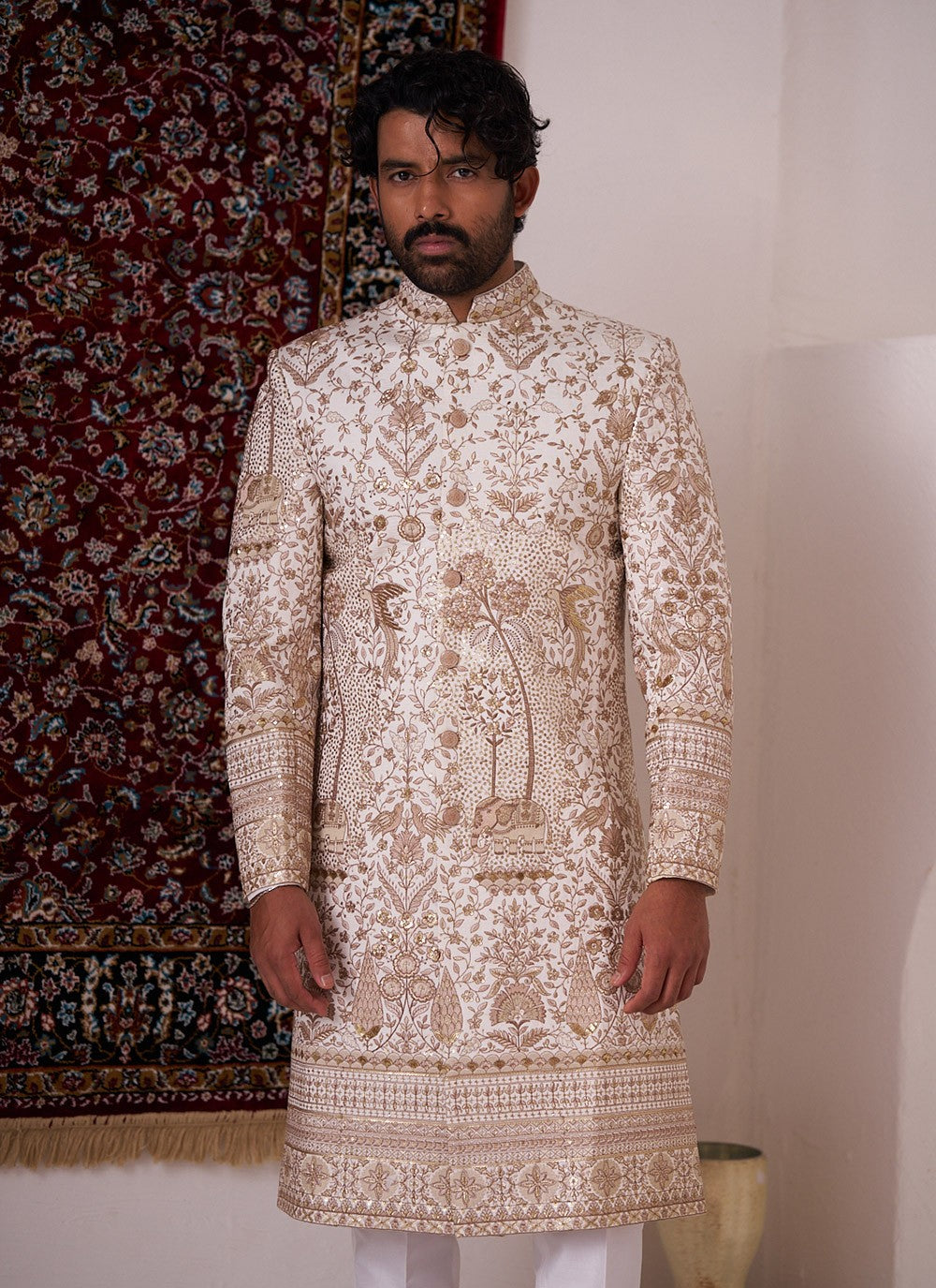 Embroidered Silk Cream Sherwani - M8428