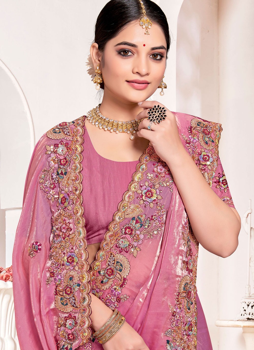 Contemporary Beads Hot Pink Silk Saree S13075