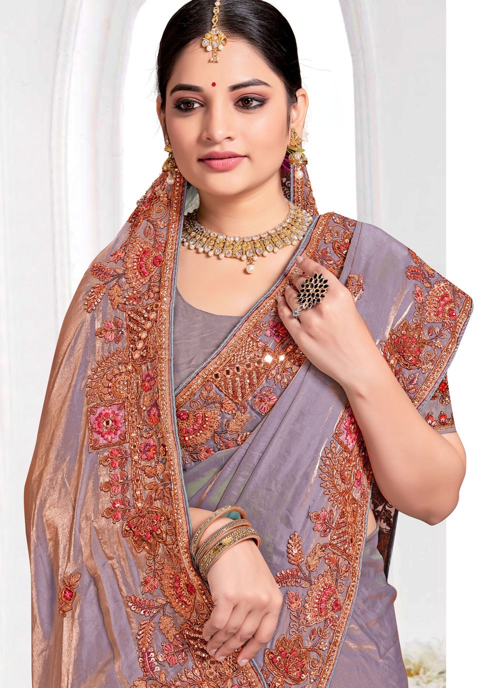 Traditional Beads Violet Silk Saree S13084