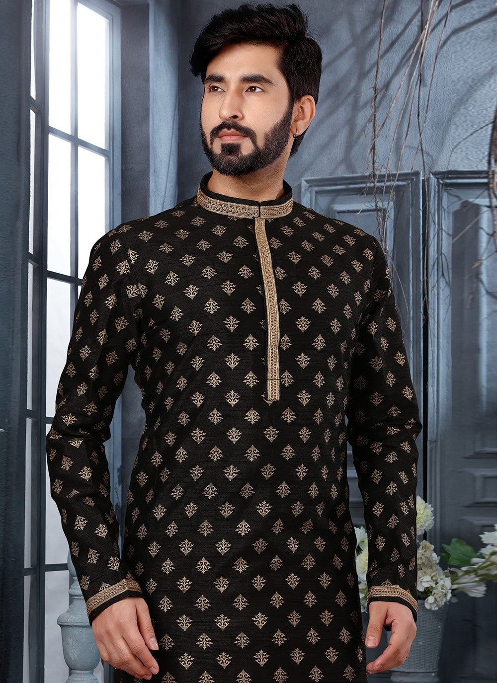 Digital Print Silk Black Kurta - M5637