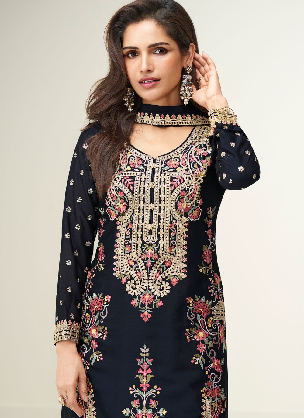 Palazzo Suit Embroidered Black T8637