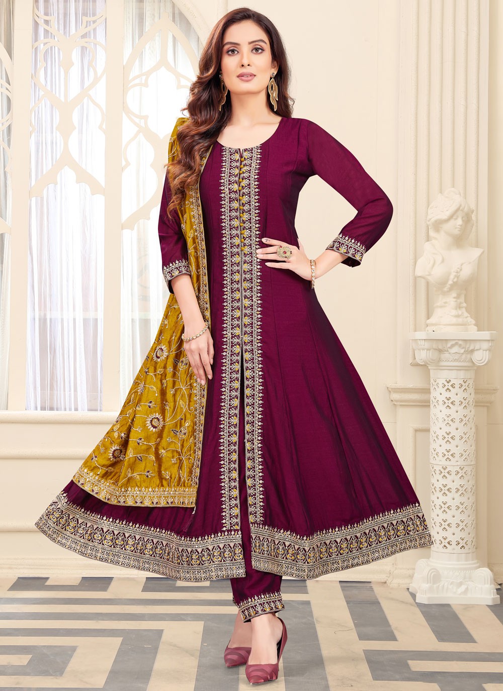 Churidar Suit Embroidered Purple Silk T5611