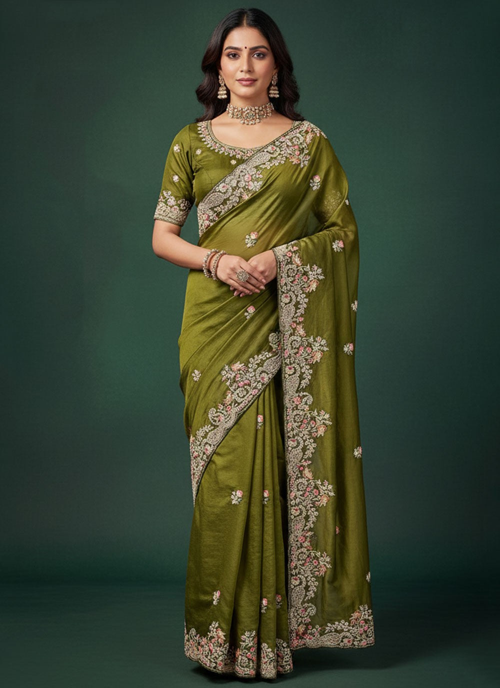 Green Organza Classic Saree Embroidered, Zardosi S20267