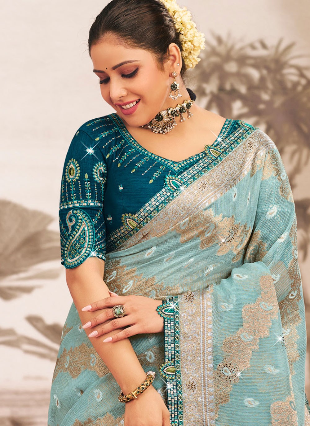Aqua Blue Silk Contemporary Saree Embroidered, Lace S19598