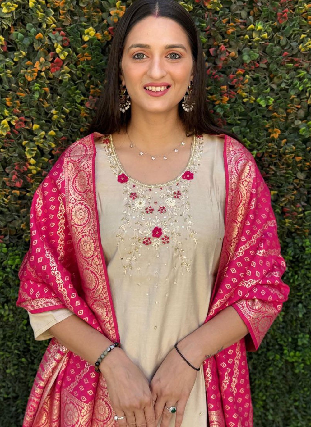 Salwar Suit Embroidered Cream Silk T5087