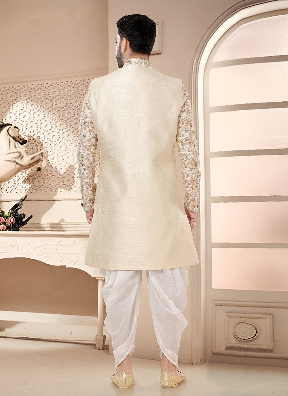 Embroidered Silk Cream Sherwani - M7576
