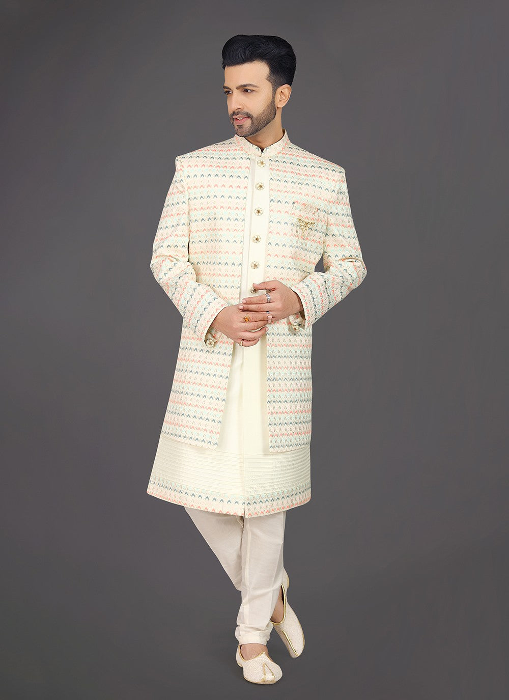 Embroidered Silk Cream Sherwani - M8016