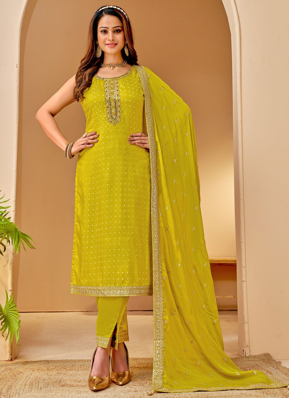 Pant Style Suit Embroidered, Zari Green T7433