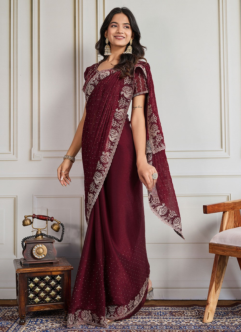 Maroon Silk Trendy Saree Embroidered, Swarovski S19436