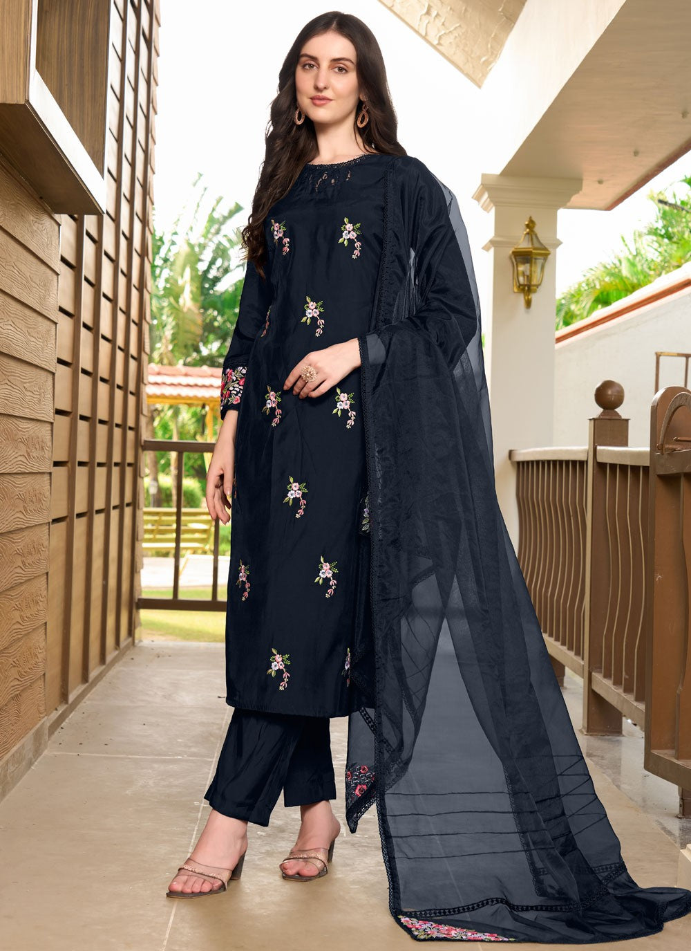 Pant Style Suit Embroidered Navy Blue Silk T5353